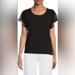 Calvin Klein Black Crewneck Blouse with Ruffled Chiffon Flutter Sleeve Large